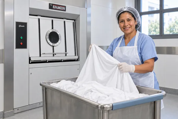 Lado limpio de la lavadora de barrera sanitaria: la operaria retira la ropa limpia por la puerta posterior